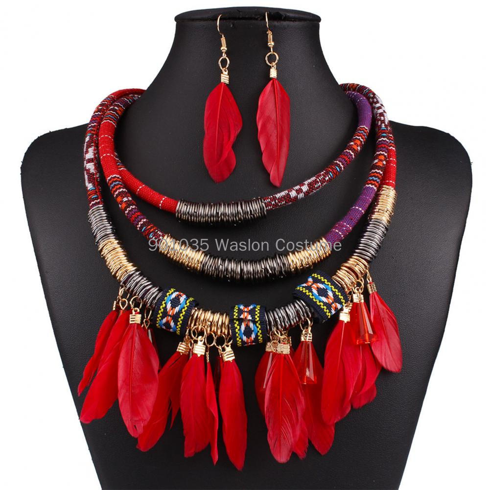 Women Accessories Egypt - 2Pcs/Set Egypt Feather Tassel Necklace Earrings